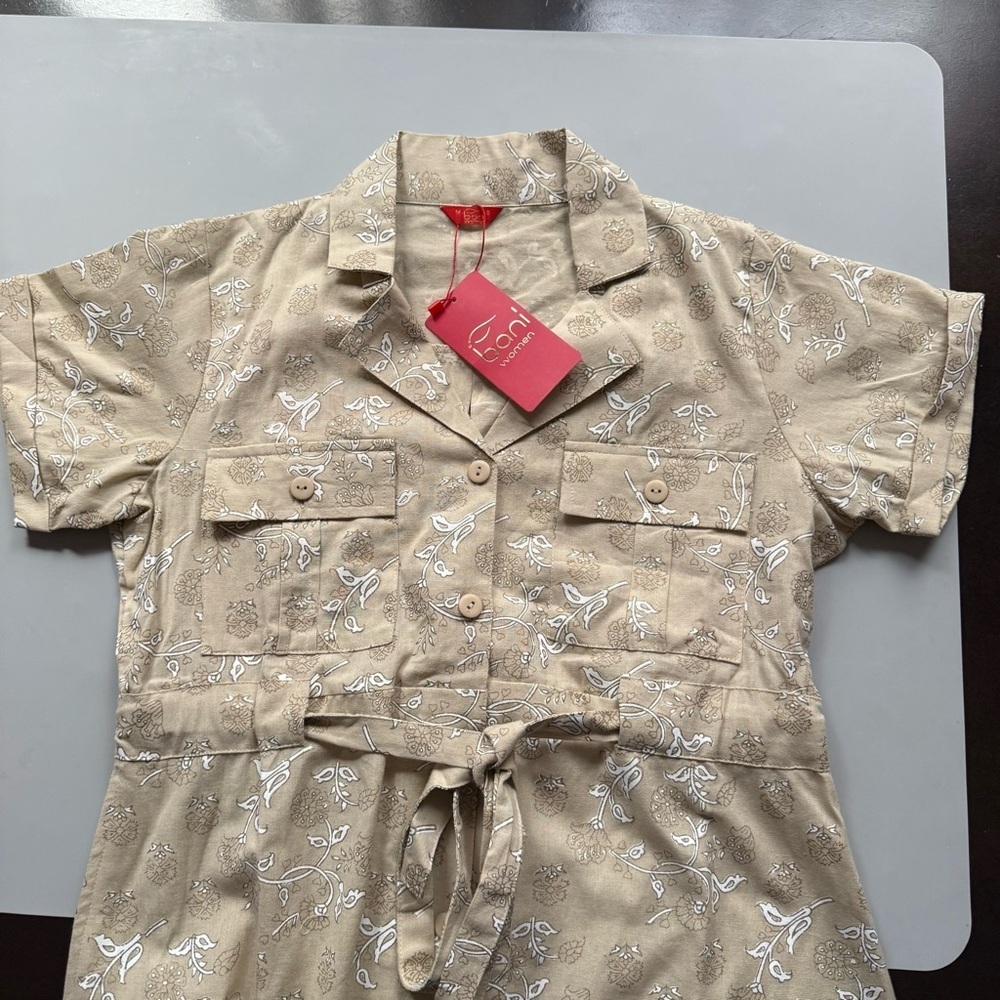 Bani Women Floral Shirt Dress Midi Cotton Tie Waist Beige M - Picture 5 of 10